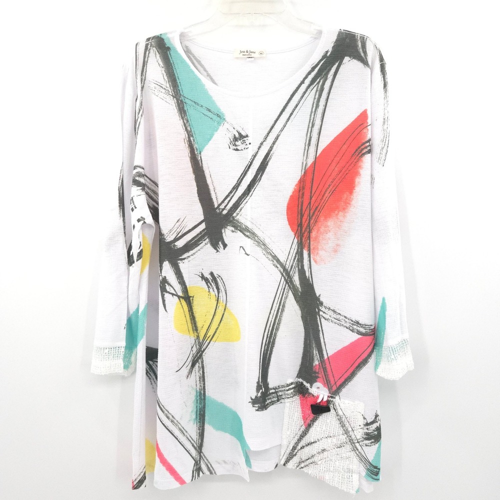Jess & Jane Tunic Top Womens XL White Abstract Brushstroke 3/4 Sleeve Lace Trim